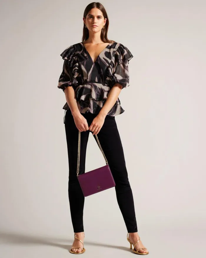 Ruffle VNeck Top With Tie Waist Black Women Ted Baker Clothing