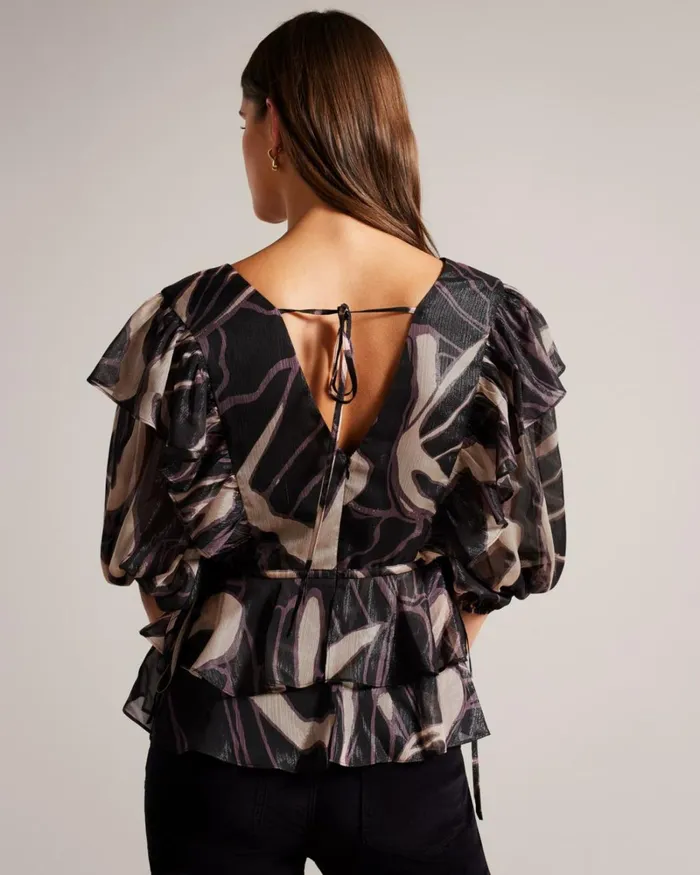 Ruffle VNeck Top With Tie Waist Black Women Ted Baker Clothing