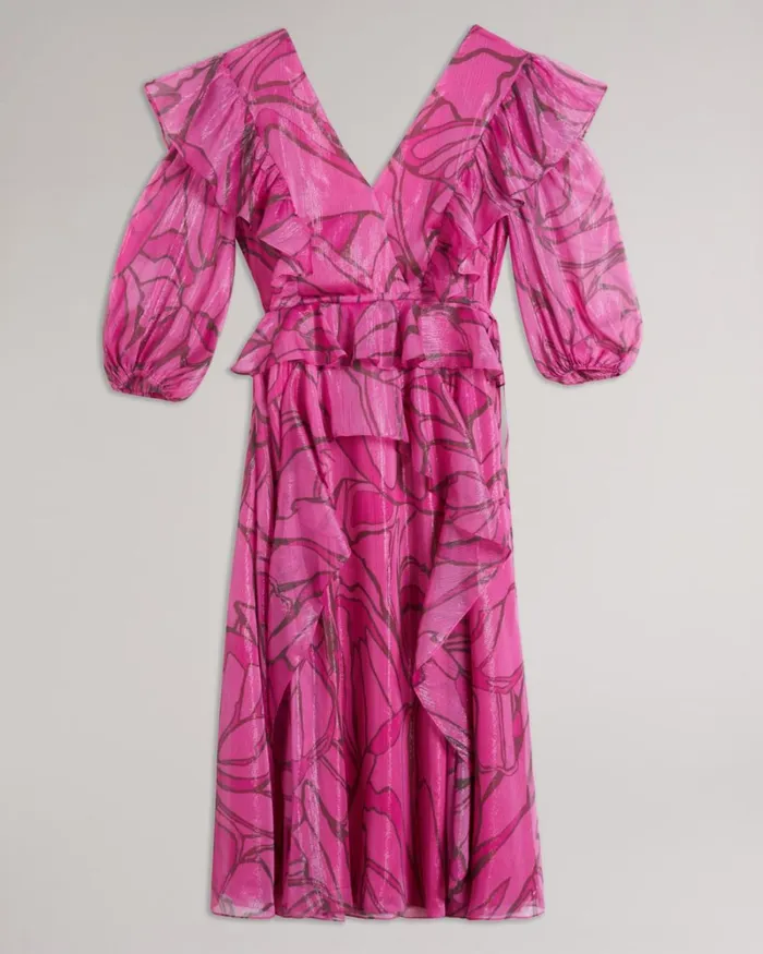 Ruffled Abstract Print Pinafore Dress Bright Pink Women Ted Baker Clothing Ruffled Abstract Print Pinafore Dress Bright Pink Women Ted Baker Clothing