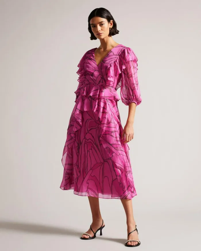 Ruffled Abstract Print Pinafore Dress Bright Pink Women Ted Baker Clothing