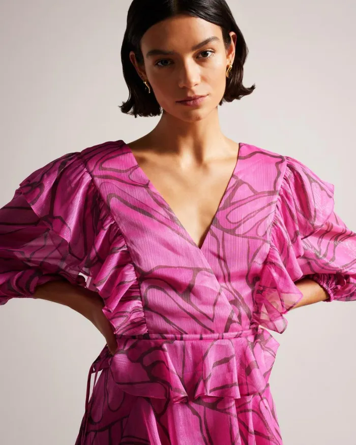 Ruffled Abstract Print Pinafore Dress Bright Pink Women Ted Baker Clothing