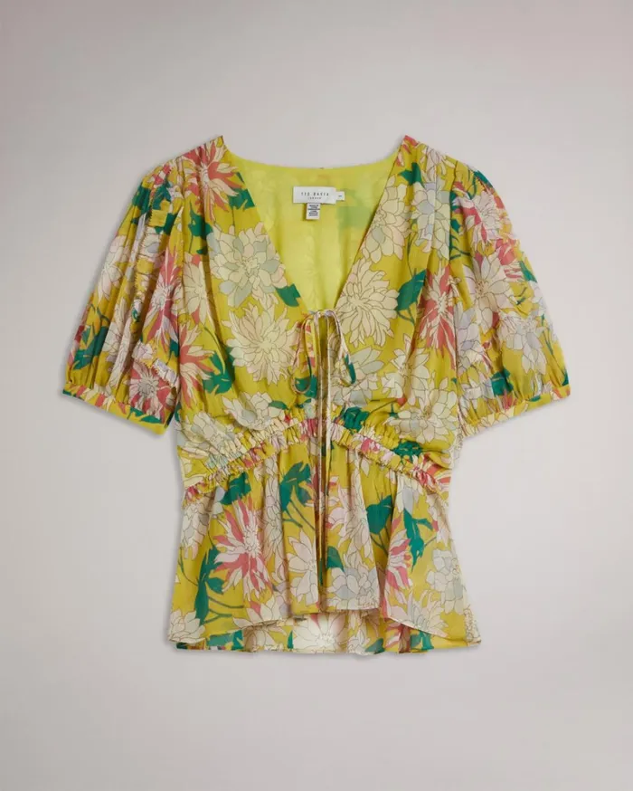 Ruffled Floral Puff Sleeve Top Medium Yellow Women Ted Baker Clothing
