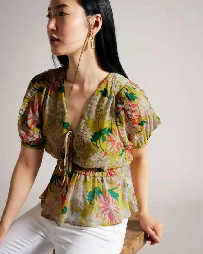 Ruffled Floral Puff Sleeve Top Medium Yellow Women Ted Baker Clothing