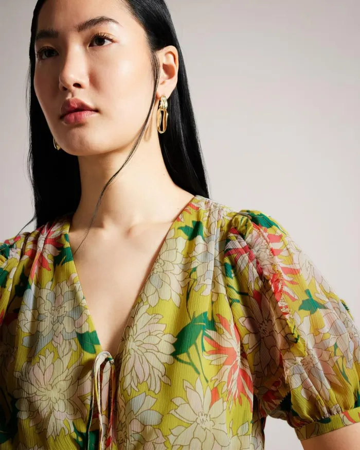 Ruffled Floral Puff Sleeve Top Medium Yellow Women Ted Baker Clothing