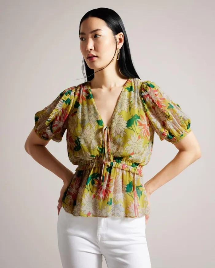 Ruffled Floral Puff Sleeve Top Medium Yellow Women Ted Baker Clothing