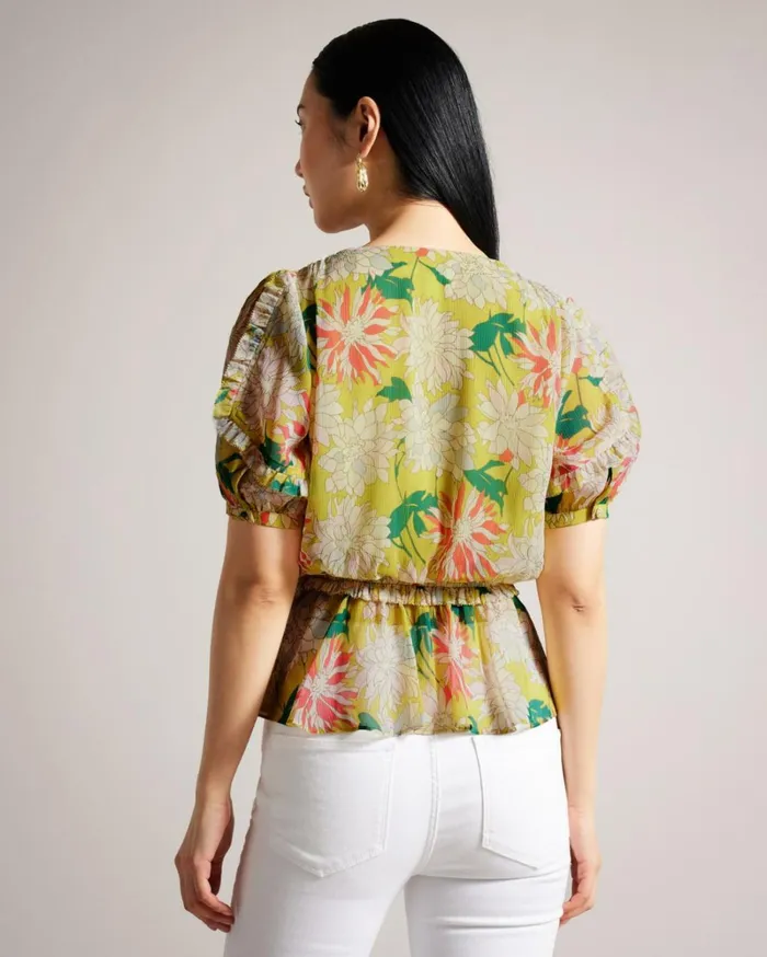 Ruffled Floral Puff Sleeve Top Medium Yellow Women Ted Baker Clothing