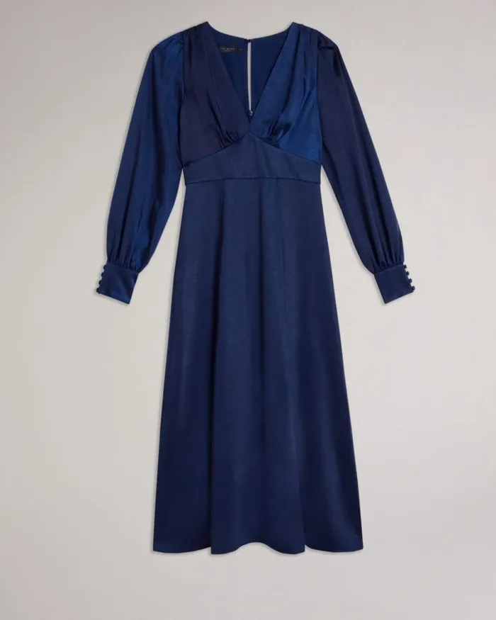 Satin Midi Dress With Blouson Sleeve Dark Blue Women Ted Baker Clothing