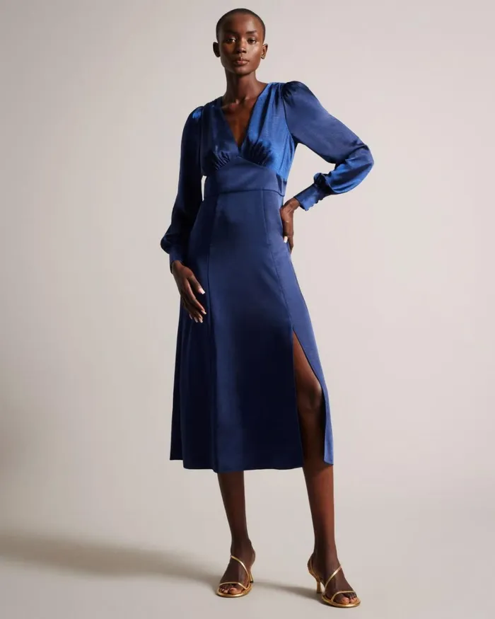 Satin Midi Dress With Blouson Sleeve Dark Blue Women Ted Baker Clothing