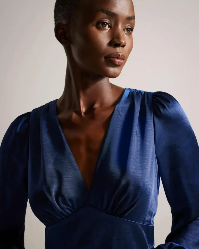 Satin Midi Dress With Blouson Sleeve Dark Blue Women Ted Baker Clothing