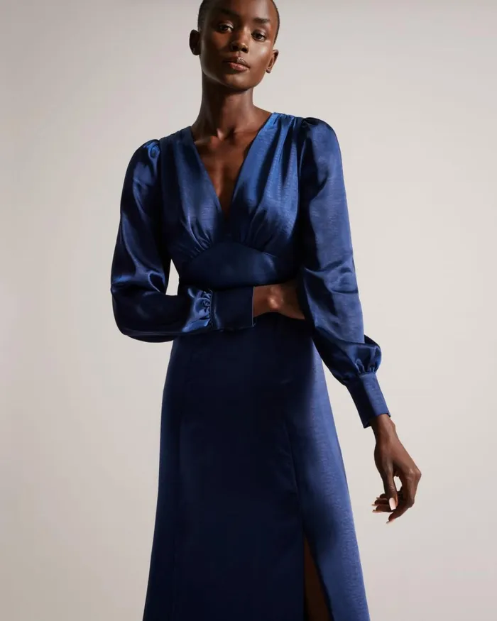 Satin Midi Dress With Blouson Sleeve Dark Blue Women Ted Baker Clothing