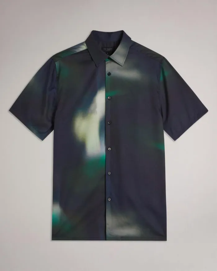 Short Sleeve Abstract Print Lyocell Shirt Navy Men Ted Baker Clothing