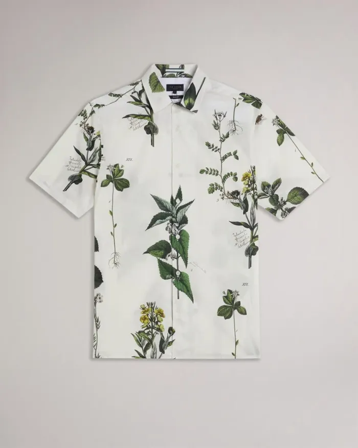 Short Sleeve Botanical Print Shirt Ecru Men Ted Baker Clothing