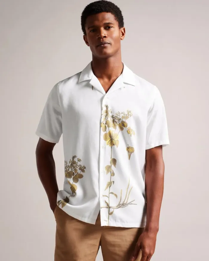 Short Sleeve Botanical Print Shirt White Men Ted Baker Clothing