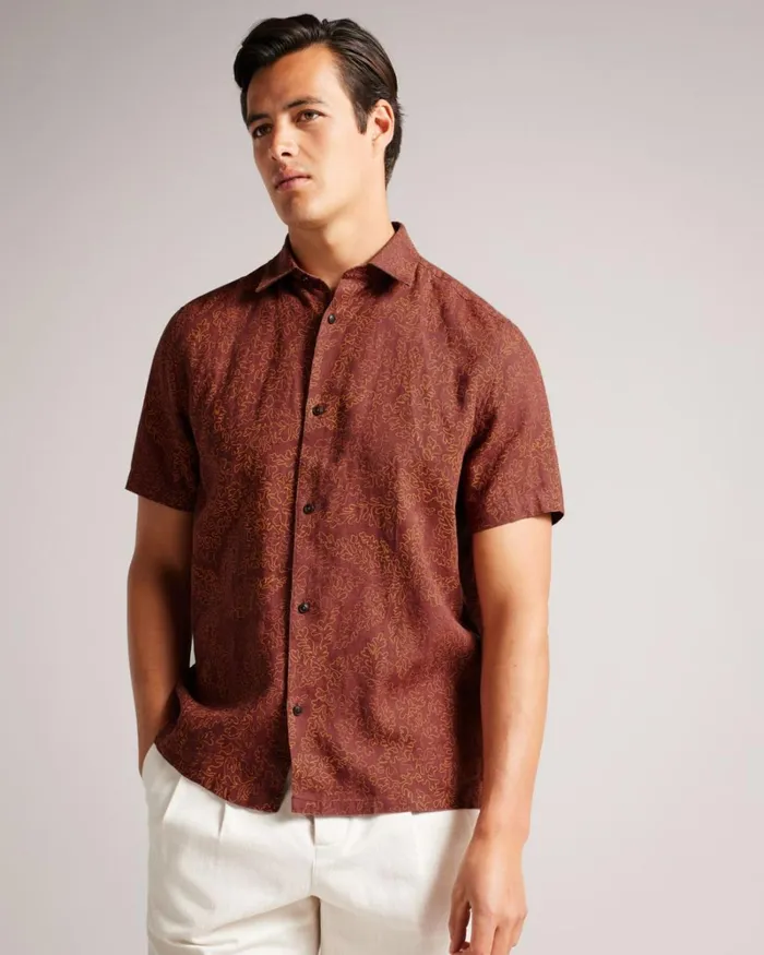 Short Sleeve Coral Print Shirt Maroon Men Ted Baker Shirts