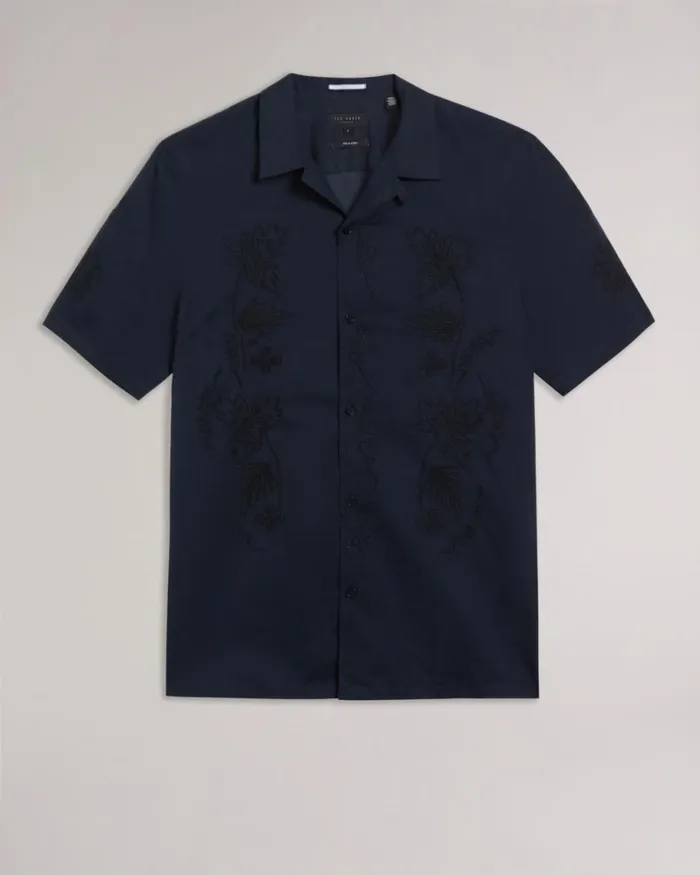 Short Sleeve Cotton Shirt With Floral Embroidery Navy Men Ted Baker Clothing