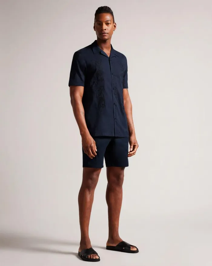 Short Sleeve Cotton Shirt With Floral Embroidery Navy Men Ted Baker Clothing Short Sleeve Cotton Shirt With Floral Embroidery Navy Men Ted Baker Clothing