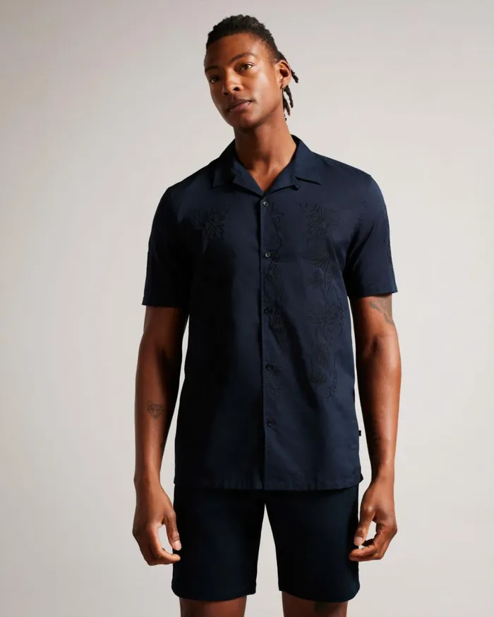 Short Sleeve Cotton Shirt With Floral Embroidery Navy Men Ted Baker Clothing Short Sleeve Cotton Shirt With Floral Embroidery Navy Men Ted Baker Clothing