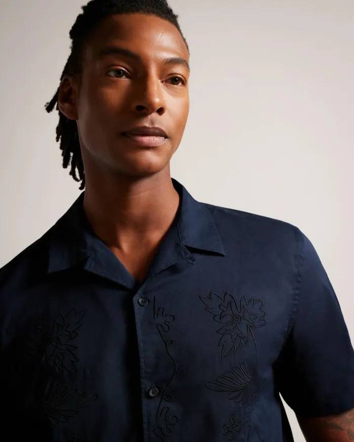 Short Sleeve Cotton Shirt With Floral Embroidery Navy Men Ted Baker Clothing Short Sleeve Cotton Shirt With Floral Embroidery Navy Men Ted Baker Clothing