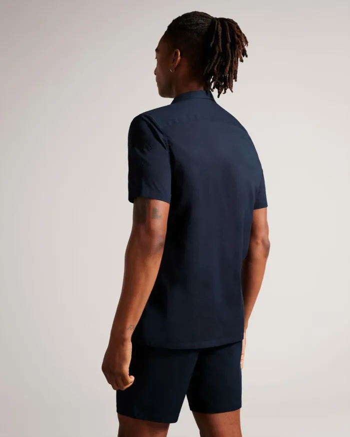 Short Sleeve Cotton Shirt With Floral Embroidery Navy Men Ted Baker Clothing Short Sleeve Cotton Shirt With Floral Embroidery Navy Men Ted Baker Clothing