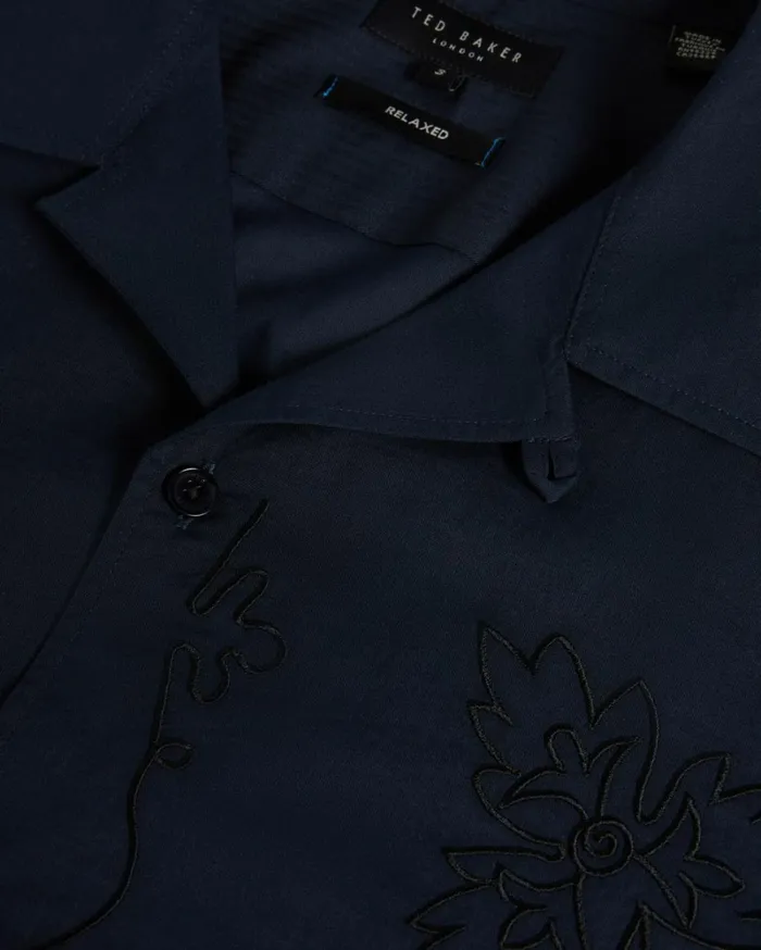 Short Sleeve Cotton Shirt With Floral Embroidery Navy Men Ted Baker Clothing Short Sleeve Cotton Shirt With Floral Embroidery Navy Men Ted Baker Clothing