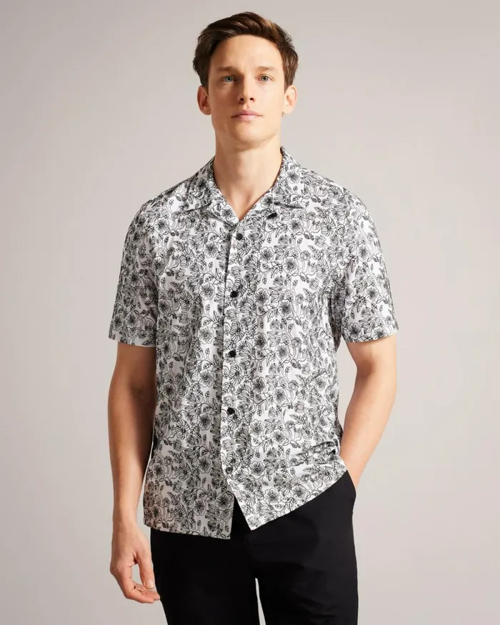 Short Sleeve Embroidered Shirt White Men Ted Baker Clothing Short Sleeve Embroidered Shirt White Men Ted Baker Clothing