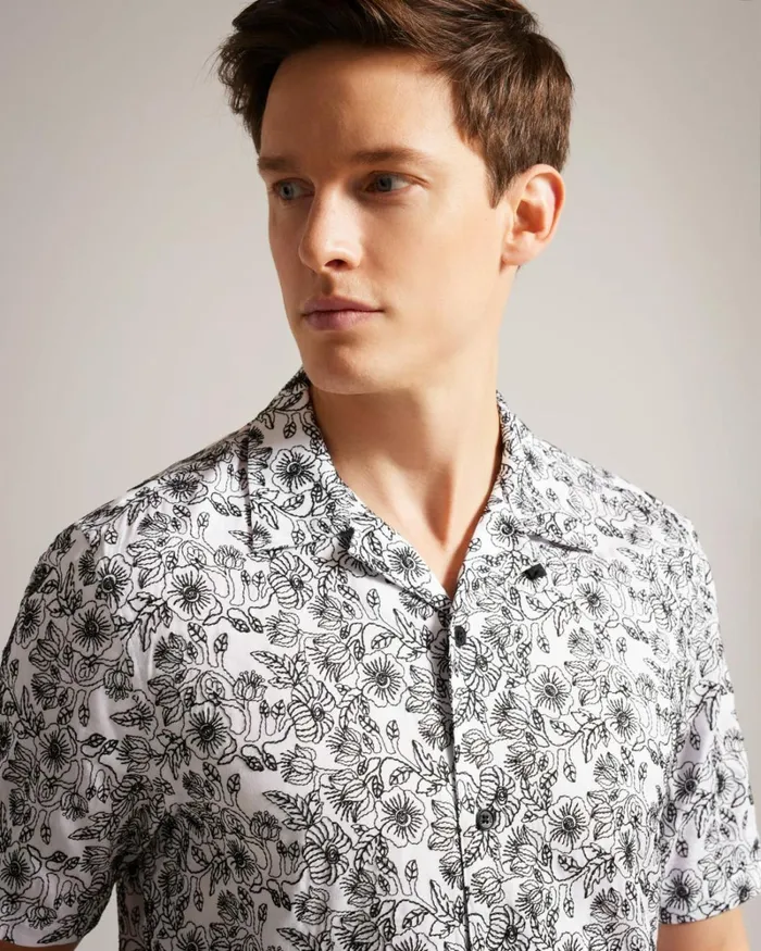 Short Sleeve Embroidered Shirt White Men Ted Baker Clothing Short Sleeve Embroidered Shirt White Men Ted Baker Clothing