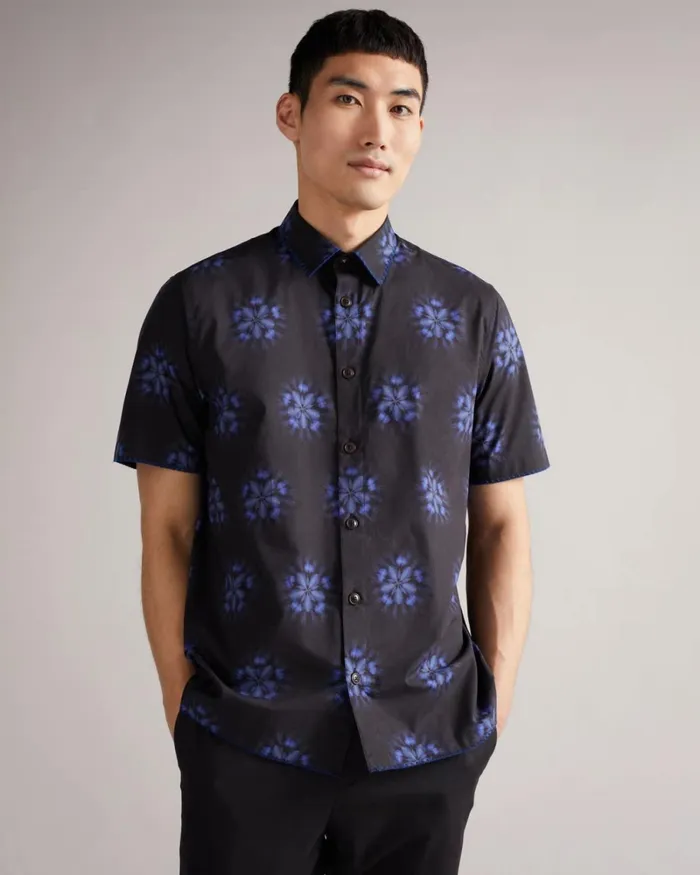 Short Sleeve Floral Printed Shirt Black Men Ted Baker Clothing Short Sleeve Floral Printed Shirt Black Men Ted Baker Clothing