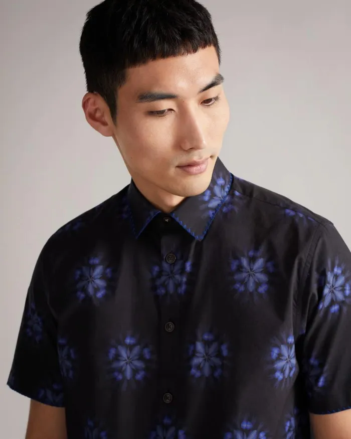 Short Sleeve Floral Printed Shirt Black Men Ted Baker Clothing Short Sleeve Floral Printed Shirt Black Men Ted Baker Clothing