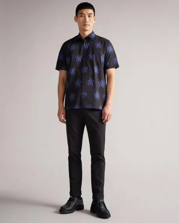 Short Sleeve Floral Printed Shirt Black Men Ted Baker Clothing Short Sleeve Floral Printed Shirt Black Men Ted Baker Clothing