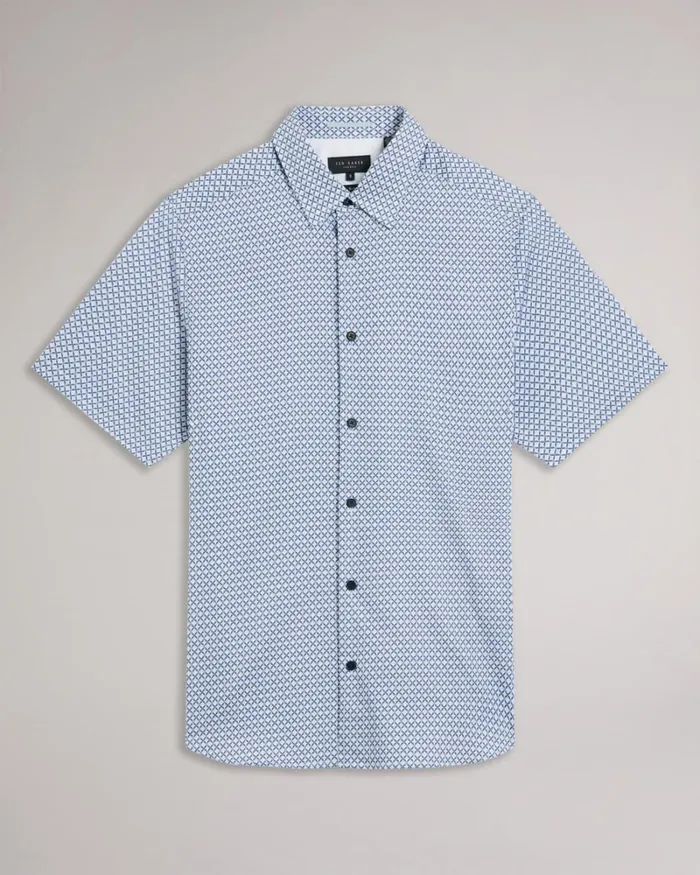 Short Sleeve Geometric Print Shirt Dark Blue Men Ted Baker Clothing