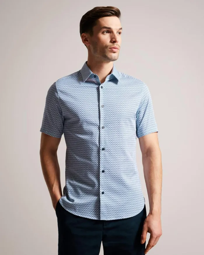 Short Sleeve Geometric Print Shirt Dark Blue Men Ted Baker Clothing Short Sleeve Geometric Print Shirt Dark Blue Men Ted Baker Clothing