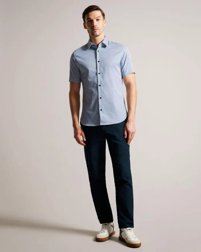 Short Sleeve Geometric Print Shirt Dark Blue Men Ted Baker Clothing Short Sleeve Geometric Print Shirt Dark Blue Men Ted Baker Clothing