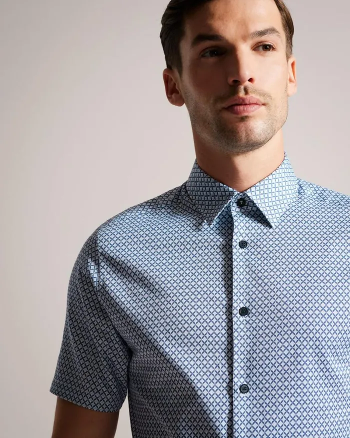 Short Sleeve Geometric Print Shirt Dark Blue Men Ted Baker Clothing Short Sleeve Geometric Print Shirt Dark Blue Men Ted Baker Clothing