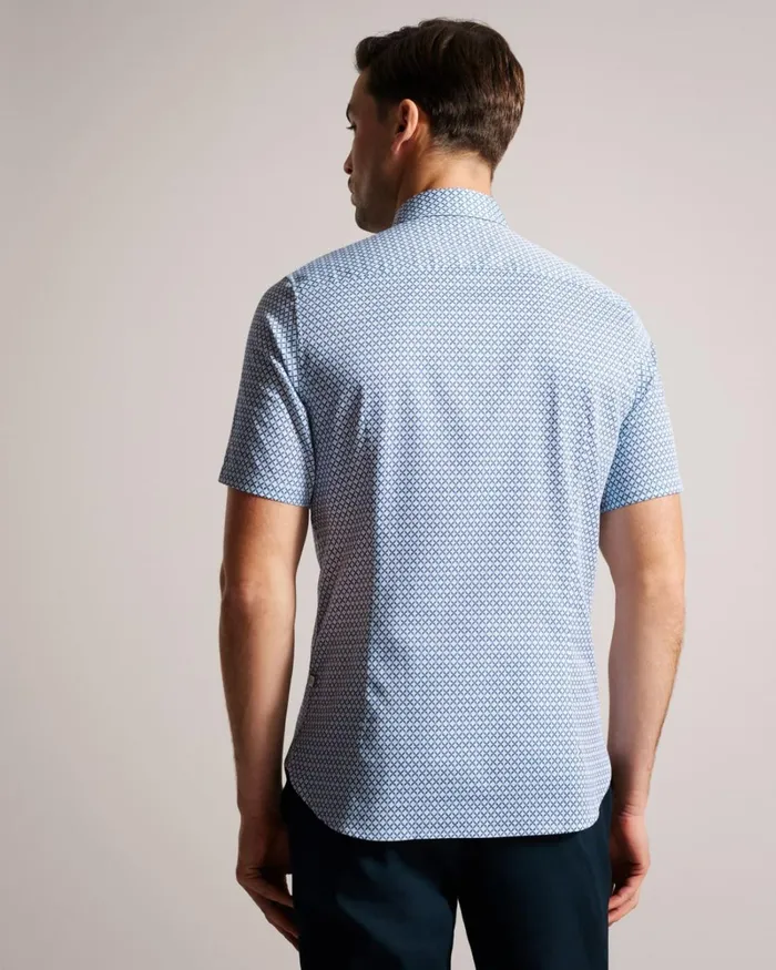 Short Sleeve Geometric Print Shirt Dark Blue Men Ted Baker Clothing Short Sleeve Geometric Print Shirt Dark Blue Men Ted Baker Clothing