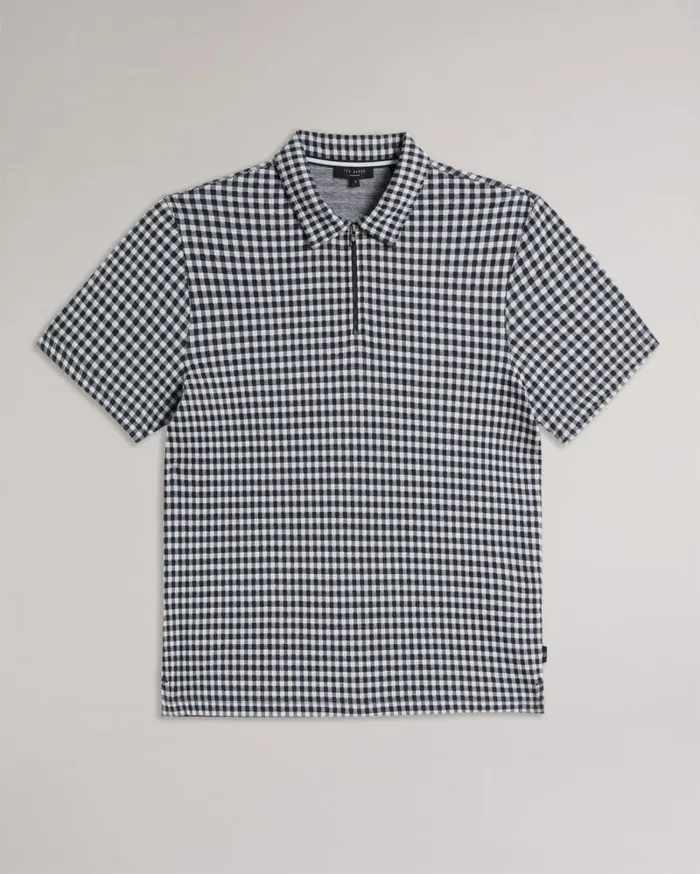 Short Sleeve Gingham Polo With Zip Navy Men Ted Baker Clothing
