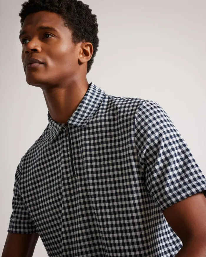 Short Sleeve Gingham Polo With Zip Navy Men Ted Baker Clothing