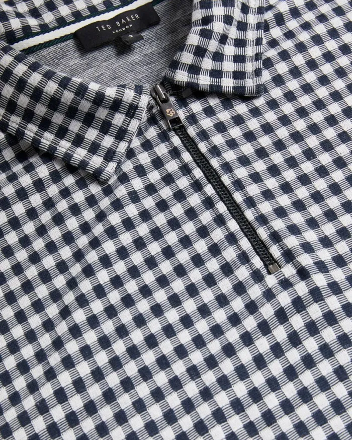 Short Sleeve Gingham Polo With Zip Navy Men Ted Baker Clothing