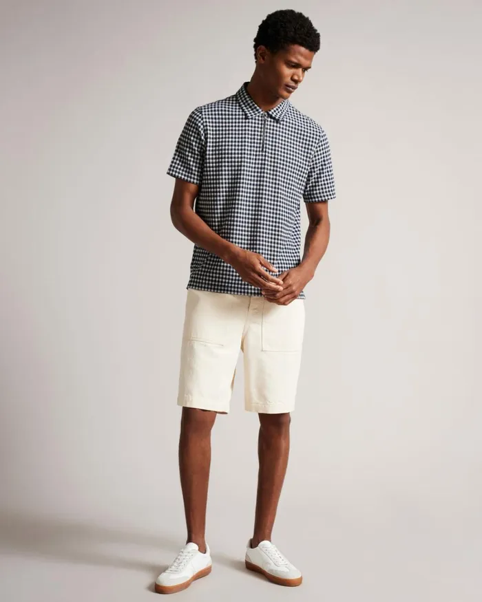 Short Sleeve Gingham Polo With Zip Navy Men Ted Baker Clothing