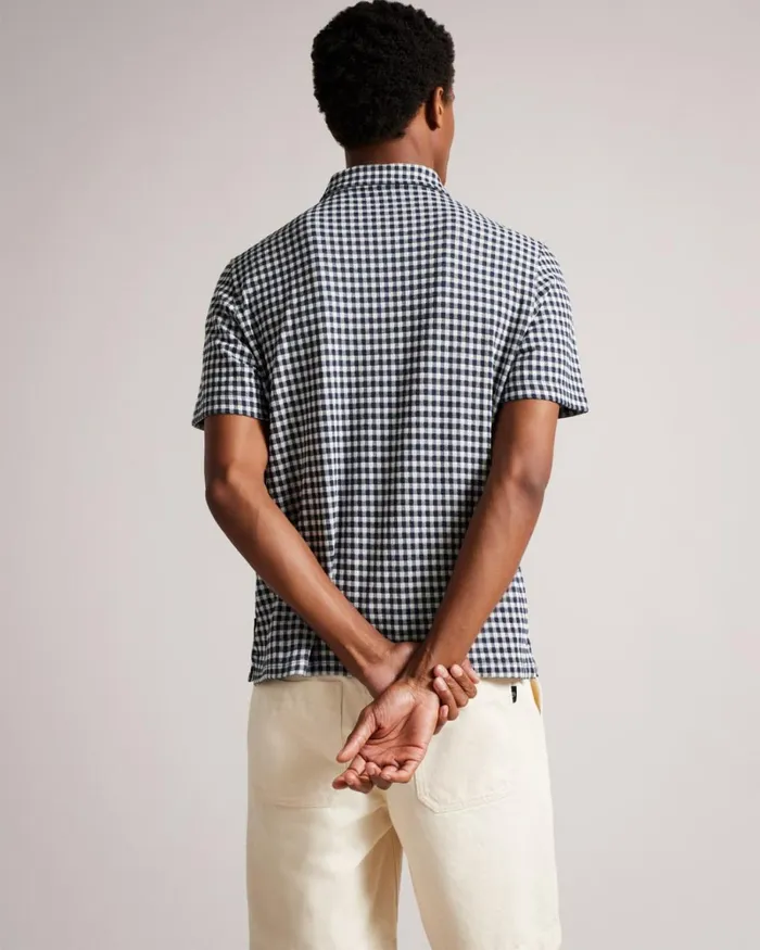 Short Sleeve Gingham Polo With Zip Navy Men Ted Baker Clothing