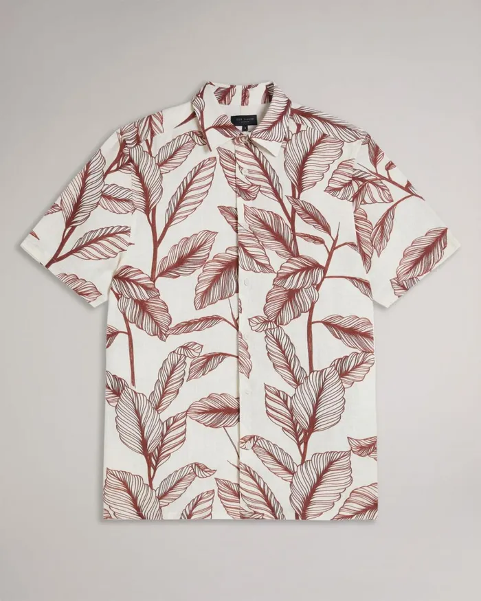 Short Sleeve Leaf Print Linen Shirt Dark Orange Men Ted Baker Clothing