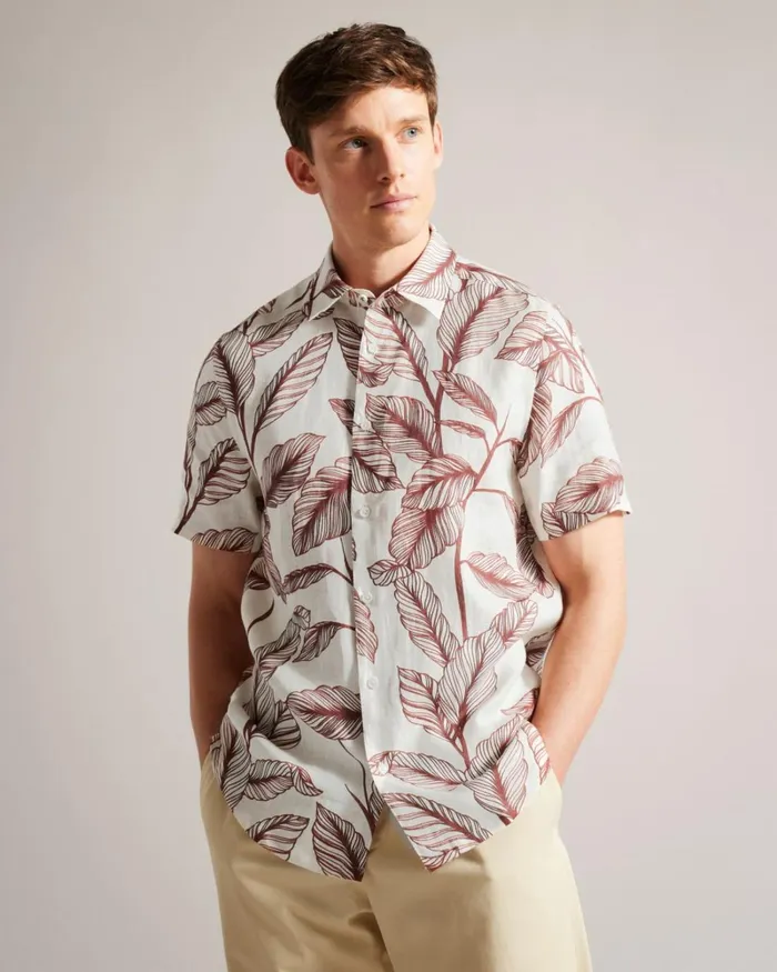 Short Sleeve Leaf Print Linen Shirt Dark Orange Men Ted Baker Clothing Short Sleeve Leaf Print Linen Shirt Dark Orange Men Ted Baker Clothing