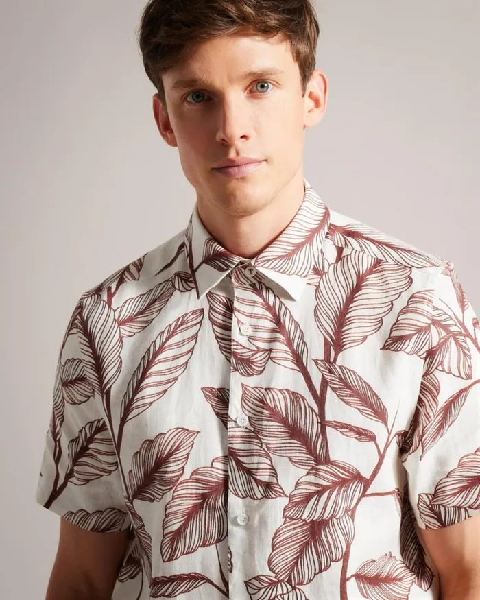 Short Sleeve Leaf Print Linen Shirt Dark Orange Men Ted Baker Clothing Short Sleeve Leaf Print Linen Shirt Dark Orange Men Ted Baker Clothing