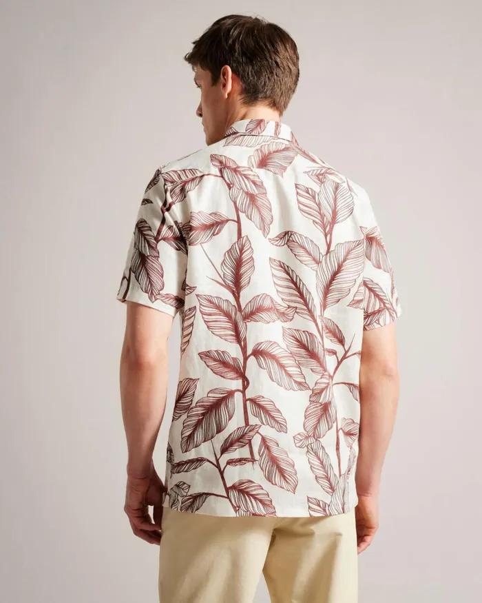 Short Sleeve Leaf Print Linen Shirt Dark Orange Men Ted Baker Clothing Short Sleeve Leaf Print Linen Shirt Dark Orange Men Ted Baker Clothing