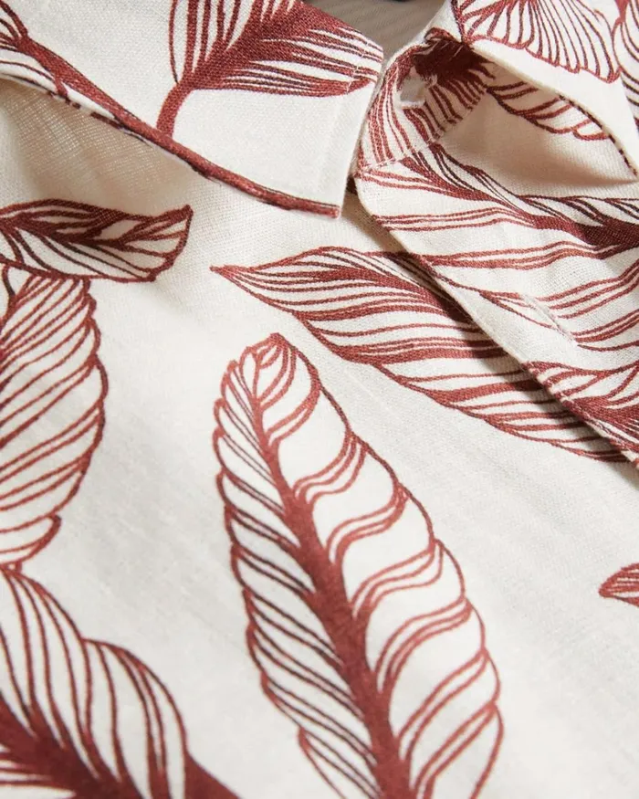 Short Sleeve Leaf Print Linen Shirt Dark Orange Men Ted Baker Clothing Short Sleeve Leaf Print Linen Shirt Dark Orange Men Ted Baker Clothing