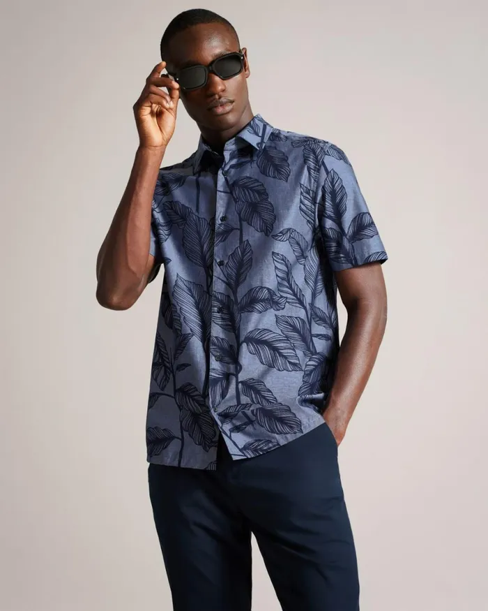 Short Sleeve Leaf Print Shirt Blue Men Ted Baker Clothing