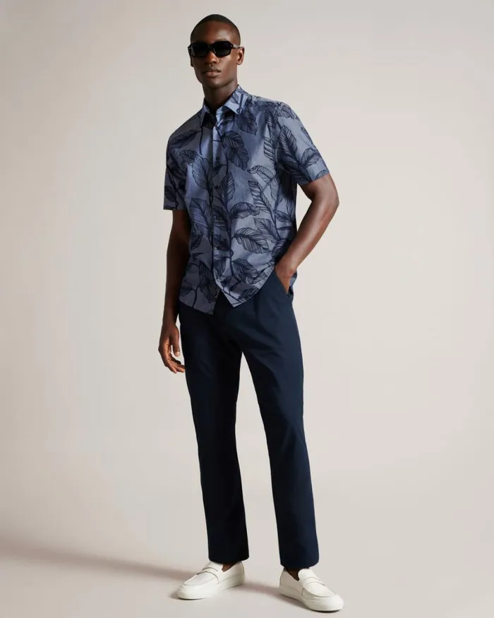 Short Sleeve Leaf Print Shirt Blue Men Ted Baker Clothing Short Sleeve Leaf Print Shirt Blue Men Ted Baker Clothing