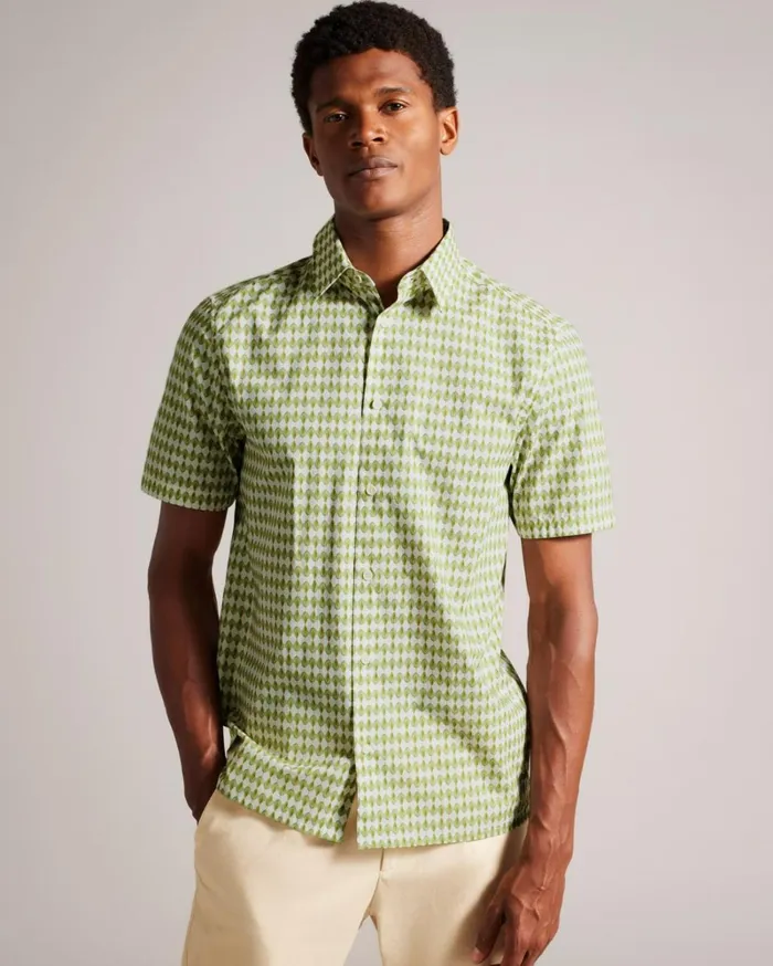 Short Sleeve Micro Leaf Shirt Olive Men Ted Baker Clothing Short Sleeve Micro Leaf Shirt Olive Men Ted Baker Clothing