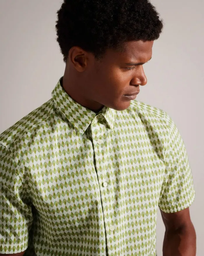 Short Sleeve Micro Leaf Shirt Olive Men Ted Baker Clothing Short Sleeve Micro Leaf Shirt Olive Men Ted Baker Clothing