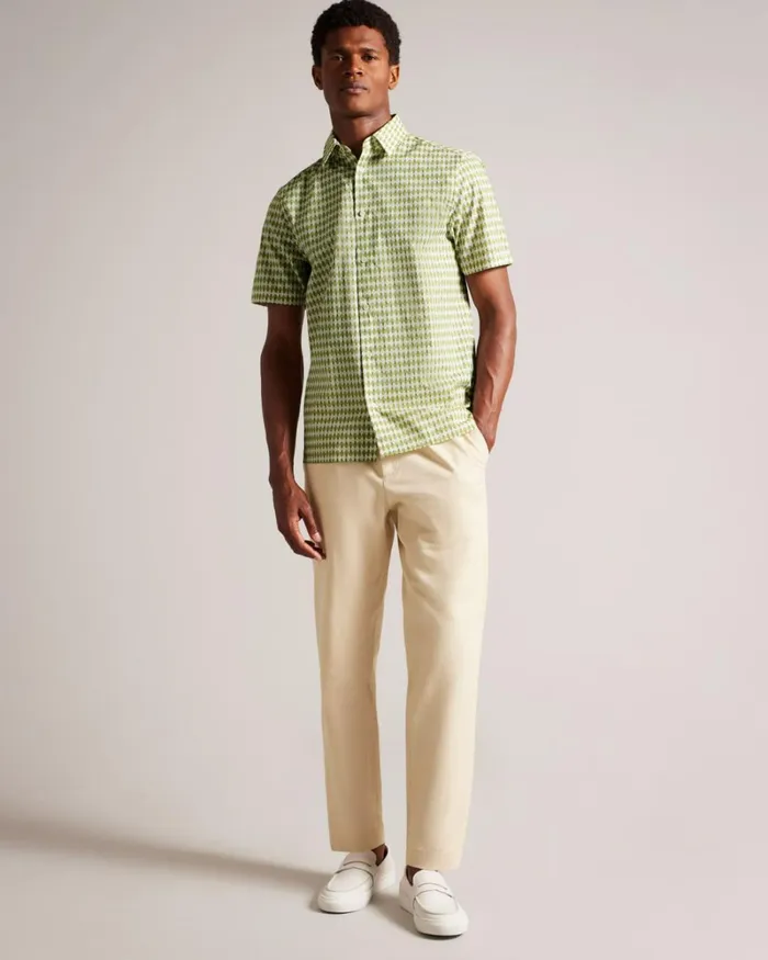 Short Sleeve Micro Leaf Shirt Olive Men Ted Baker Clothing Short Sleeve Micro Leaf Shirt Olive Men Ted Baker Clothing