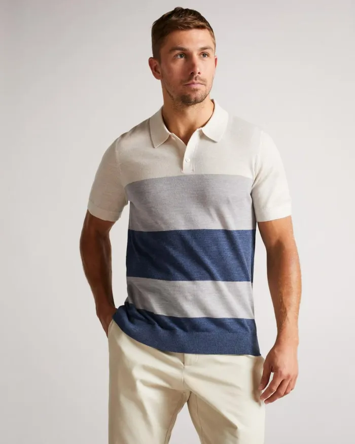 Short Sleeve Multi Striped Merino Polo Ecru Men Ted Baker Clothing